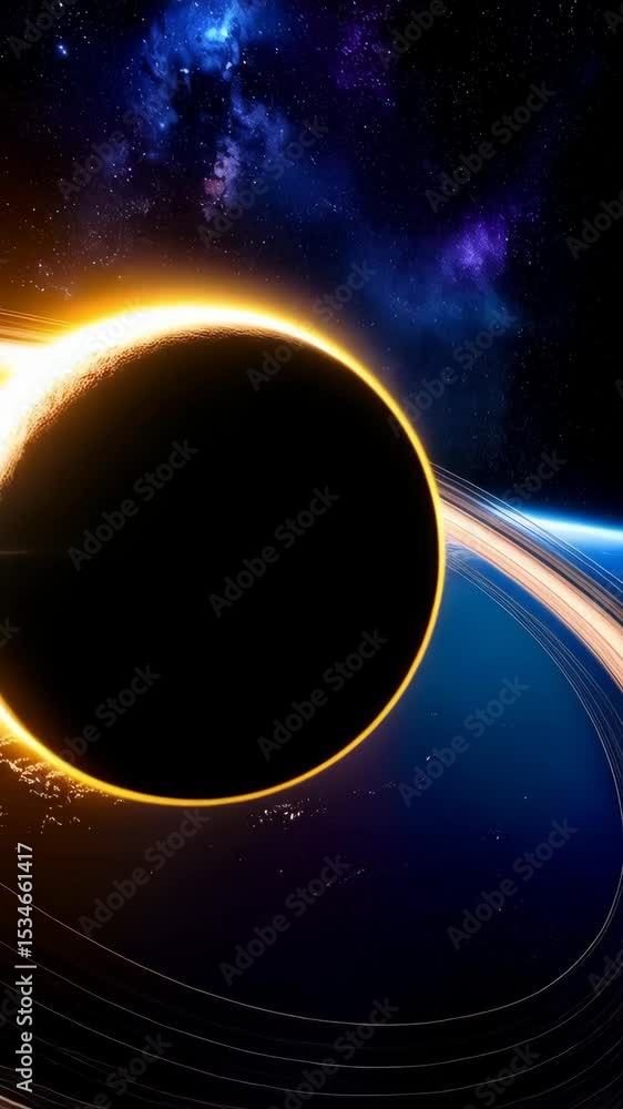 Poster dramatic depiction of a solar eclipse against a starlit backdrop with a ringed planet visible in the