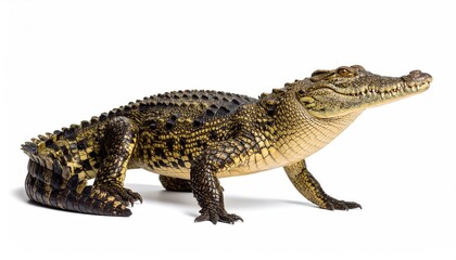 Obraz premium Crocodile Prowling: A detailed studio shot of a formidable crocodile. Captured in high-definition detail, displaying textured scales and sharp features, it projects both raw power and elegant design.