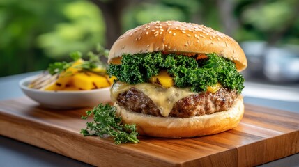 Juicy Burger with Fresh Kale and Grilled Mango on Wooden Board