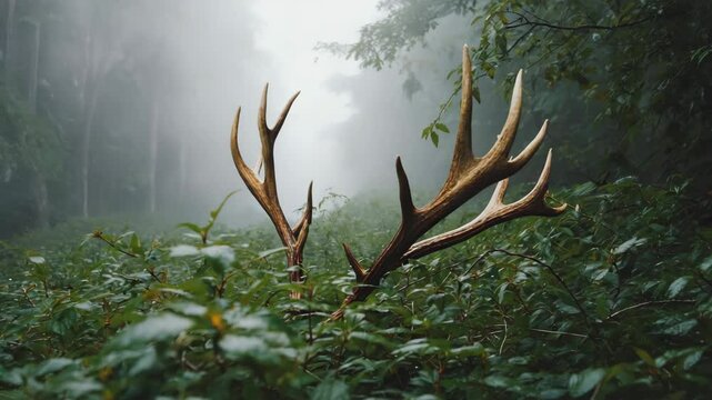 Antlers from a hidden deer slowly appear behind thick vegetation, barely visible through the mist. A mysterious and calm forest scene plays in subtle motion.