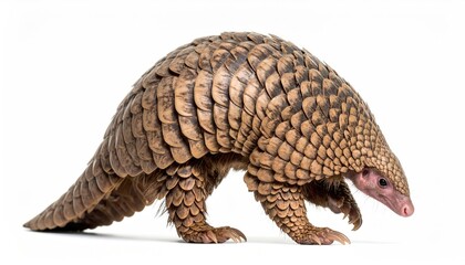 Pangolin: A detailed studio shot of a pangolin, captured at eye level, showcasing its unique scale-covered body and gentle features. 