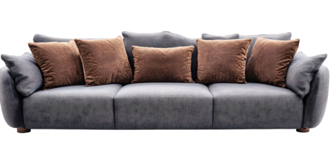 Elegant gray sofa with brown velvet pillows isolated on a black background to enhance the texture