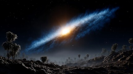 A distant galaxy seen through a veil of translucent cosmic dust, with soft edges and a glowing core casting light through the haze