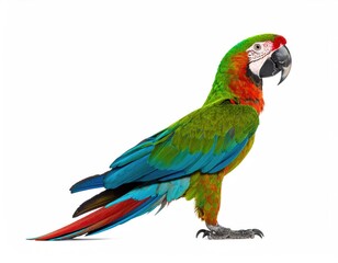 Fototapeta premium Scarlet Macaw: A vibrant scarlet macaw perches proudly, showcasing its dazzling plumage. Witness the captivating beauty of this tropical bird, its colorful feathers a testament to nature's artistry.