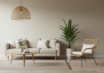 Modern Living Room with Neutral Sofa, Rattan Chair, and Organic Decor