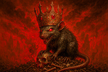 Crowned Demonic Rat Ruling Over Skull Pile in Fiery Hellscape
