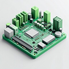 Isometric Green Circuit Board with Components