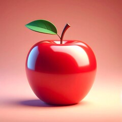 Single Red Glossy Apple with Leaf on Pink Background