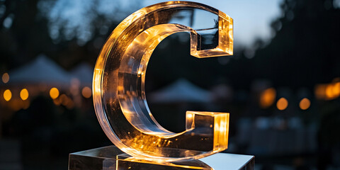 Transparent crystal "C" logo glowing at night in luxury event marquee