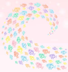 Pastel pink ocean background with white bubbles and swimming fish pattern