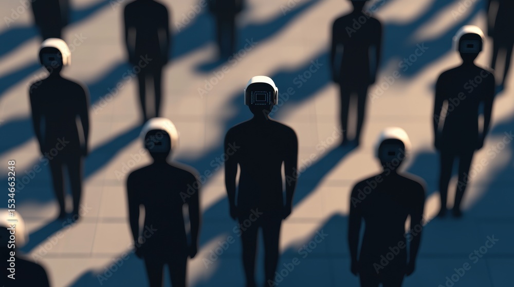 Poster silhouetted figures with futuristic helmets in a patterned environment.