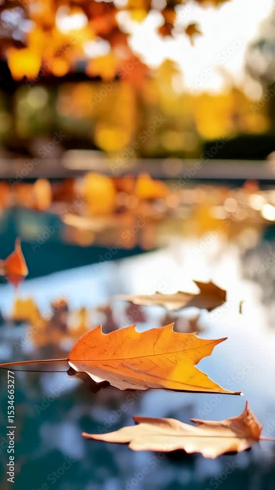 Poster autumn maple leaves floating gently on a pristine pool water surface with beautiful reflections unde