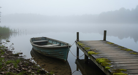 Fototapeta premium Old Rowboat on Misty Lake Dock