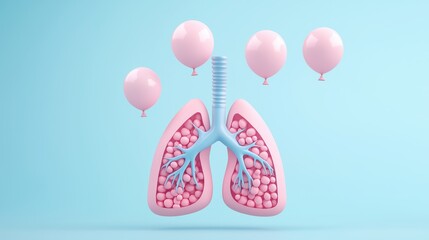 Organized lungs with pink balloons on a blue background.