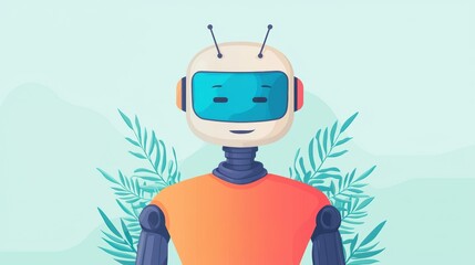 Friendly robot character with a colorful design and foliage background.