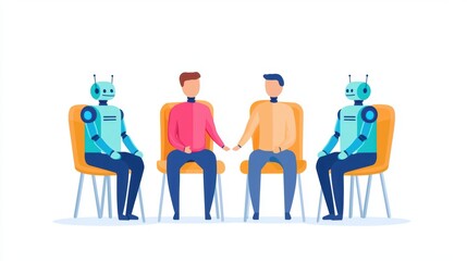 Two humans and two robots engaged in conversation on chairs.