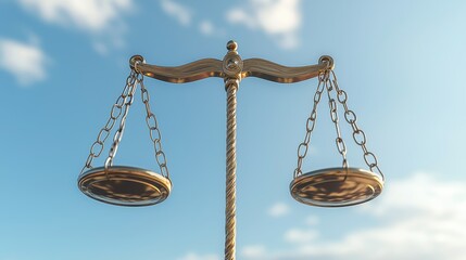 Symbol of justice with balanced scales against a blue sky.