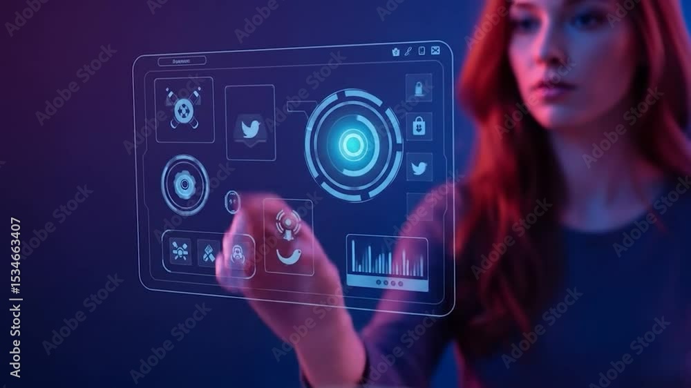 Aufkleber woman interacts with a futuristic, translucent interface displaying various app icons and data visua