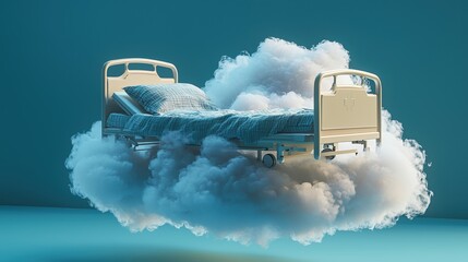 Bed floating on clouds in a surreal, dream-like setting.