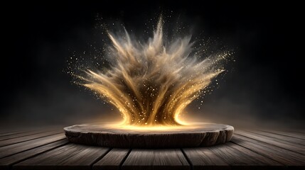 A dramatic gold glitter explosion frozen mid-burst, with countless sparkling particles suspended in space over a deep black velvet background