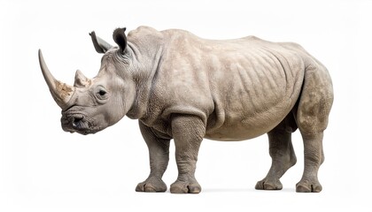 Obraz premium Majestic Rhinoceros Profile: An imposing rhinoceros stands in profile, showcasing its thick hide, prominent horn, and powerful build against a bright backdrop, radiating strength and resilience.