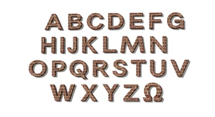Alphabet letters a to z plus omega symbol made of brick on white background