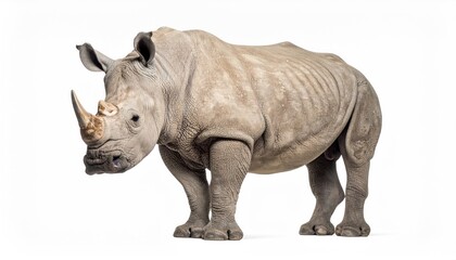 Fototapeta premium Majestic Rhino: A solitary, imposing rhinoceros stands tall, its thick hide and iconic horn projecting power and resilience against a clean backdrop.