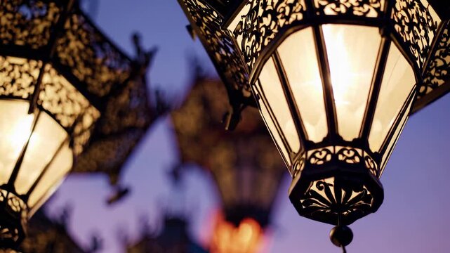 Close-up, low-angle shot of ornate lanterns against a twilight sky, creating a warm, vintage ambiance. Ideal for a romantic or nostalgic video theme. Live desktop wallpaper.