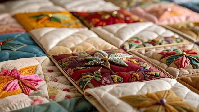 Close-up view of a handmade patchwork quilt with various patterns and floral designs showcasing textile art