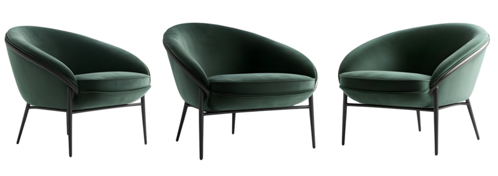 Elegant green velvet chairs on a black background offer a luxurious aesthetic appeal