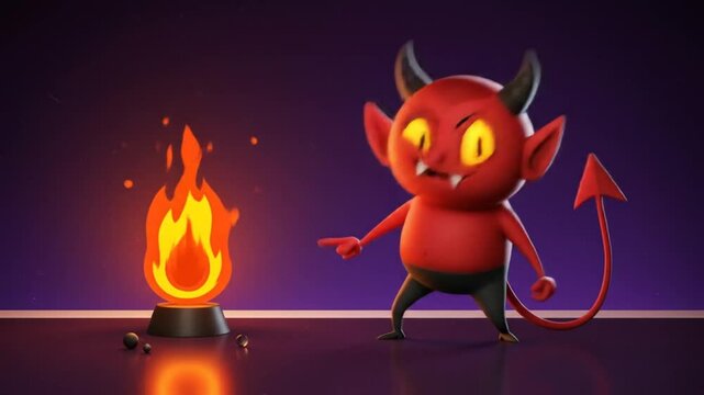 Animated Demon with Flames: A vividly animated demon with a mischievous expression, black horns, and a pointed tail stands near a stylized flame, creating a dynamic scene.