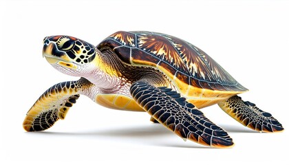 Fototapeta premium Sea Turtle Close-up: A detailed close-up of a vibrant sea turtle, showcasing its intricate shell patterns and powerful flippers. The turtle's gaze is captivating.