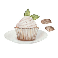 Cream cupcake on a white ceramic saucer with chocolate chunks, topped with green leaves. Watercolor illustration on white background