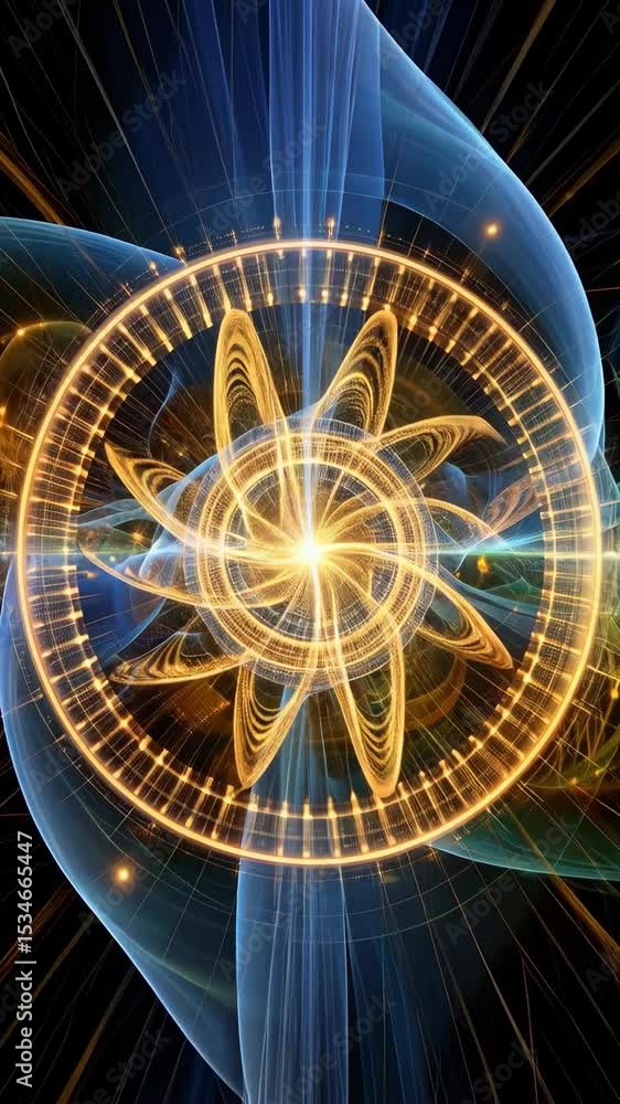Poster abstract fractal energy art featuring a circular gear-like shape with glowing elements and flowing b