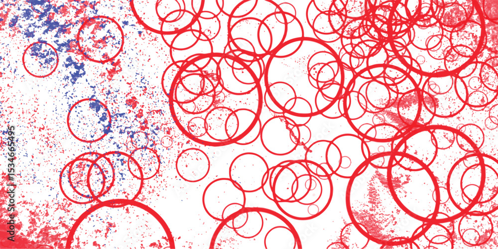 Poster abstract composition with overlapping red circles and textured blue and red splatters on a white bac