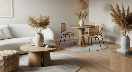 Boho Minimalist Living Dining Room with Frame for Mockup Display