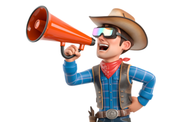 A cartoon cowboy with vr glasses shouting into a megaphone on a white background in a rendered style
