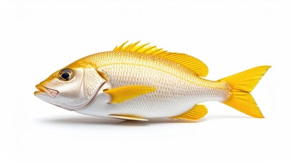 Golden Fish in focus: A vibrant golden fish, its scales shimmering in the light, is captured in a pristine, eye-level shot, showcasing the detailed beauty of the underwater world.