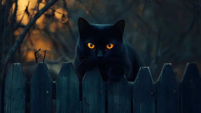 Photograph of dark cat, glowing yellow eyes, lurking behind a weathered wooden fence in twilight.