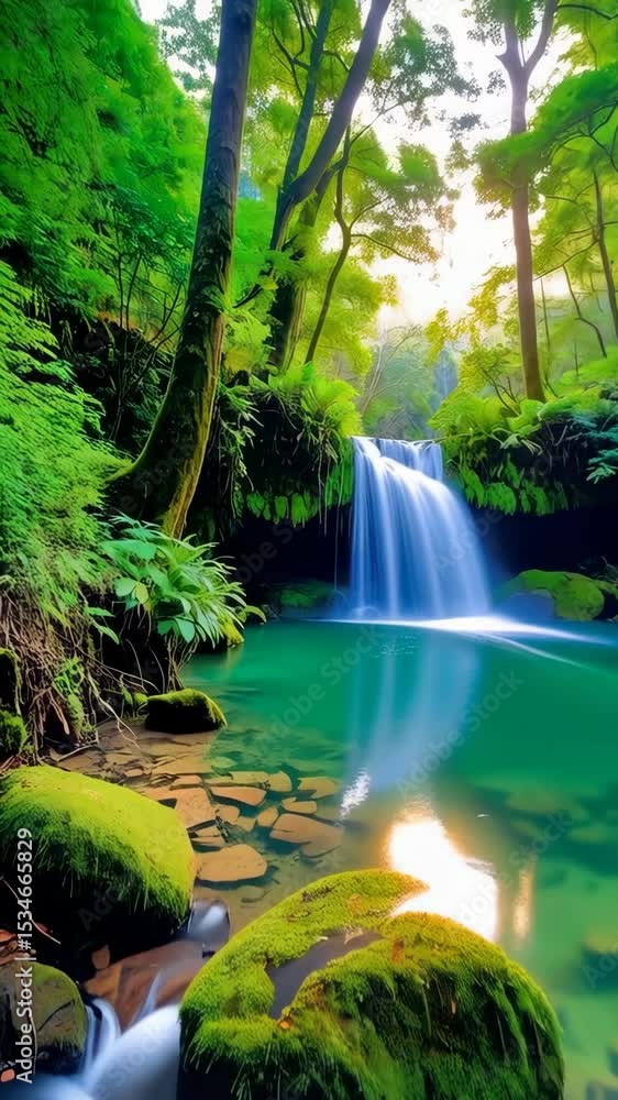 Poster cascading waterfall into a serene pool in a lush forest, sunbeams filtering through the trees creati