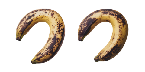 Two overripe bananas on a black background highlighting food waste and spoilage
