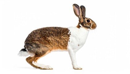 Obraz premium Hare in Profile: a stunning hare stands tall, with elegant ears perked and fur that transitions, showcasing the beauty of this species.