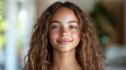 Portrait of a Smiling Young Girl with Curly Hair in a Bright, Natural Setting