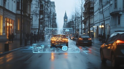 Digital illustration of a wet city street with a car, illuminated buildings, and a clock tower at dusk.
