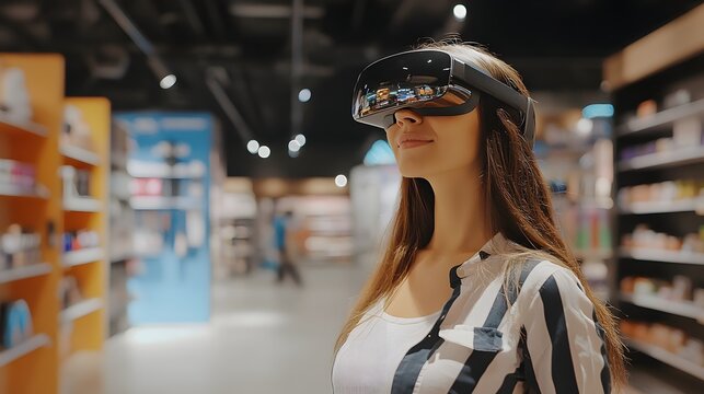 Photograph of a woman wearing a VR headset in a retail setting, with shelves and other people visible in the background.