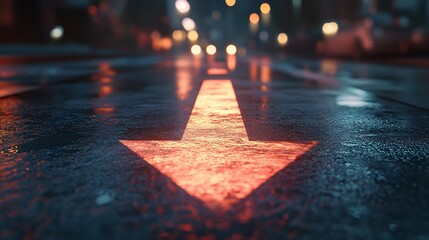 Photograph of a wet asphalt road with a bright red arrow shadow and distant city lights.