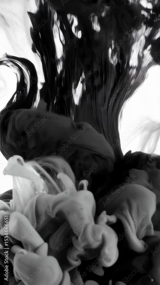 Poster abstract motion of black and white ink dropping into water, creating cloud-like shapes and textures 