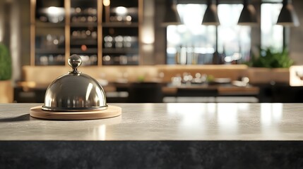 Photograph of a silver bell on a dark countertop, with a blurred restaurant interior background.