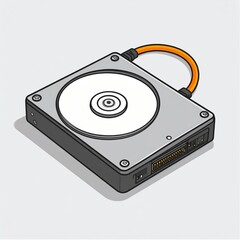 Fototapeta premium Isometric Pixel Art Illustration of a Gray Hard Drive with Orange Cable