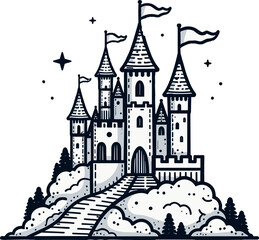 Fairytale castle illustration in whimsical style with clouds and trees